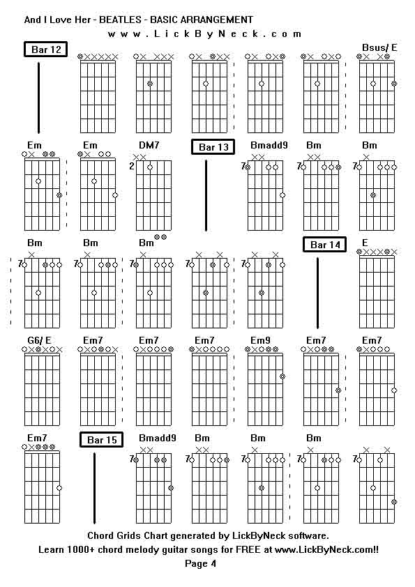 Chord Grids Chart of chord melody fingerstyle guitar song-And I Love Her - BEATLES - BASIC ARRANGEMENT,generated by LickByNeck software.